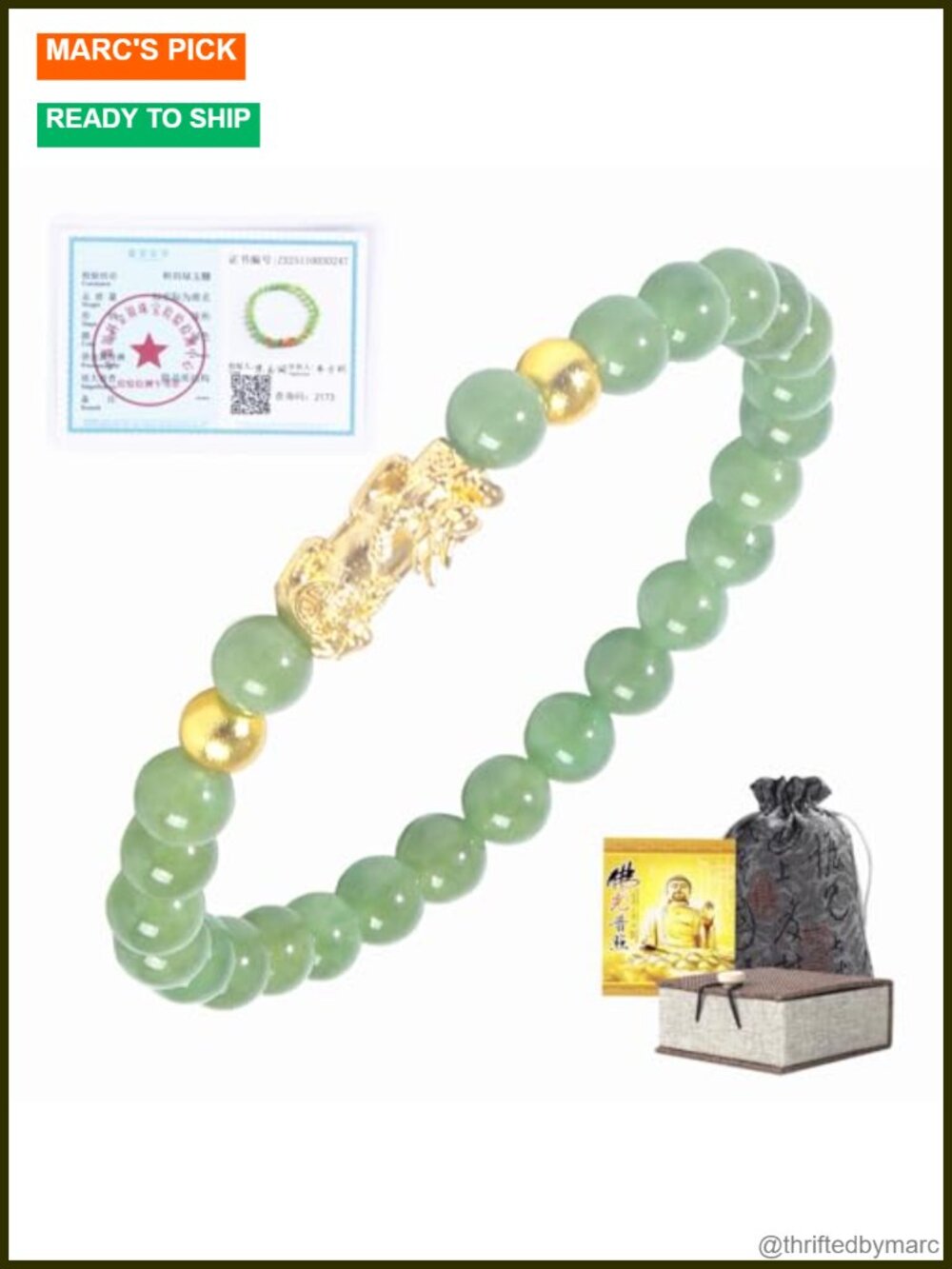 Feng Shui Wealth Lucky Bracelet 24K Gold Plated PiXiu Dragon Protection Jade